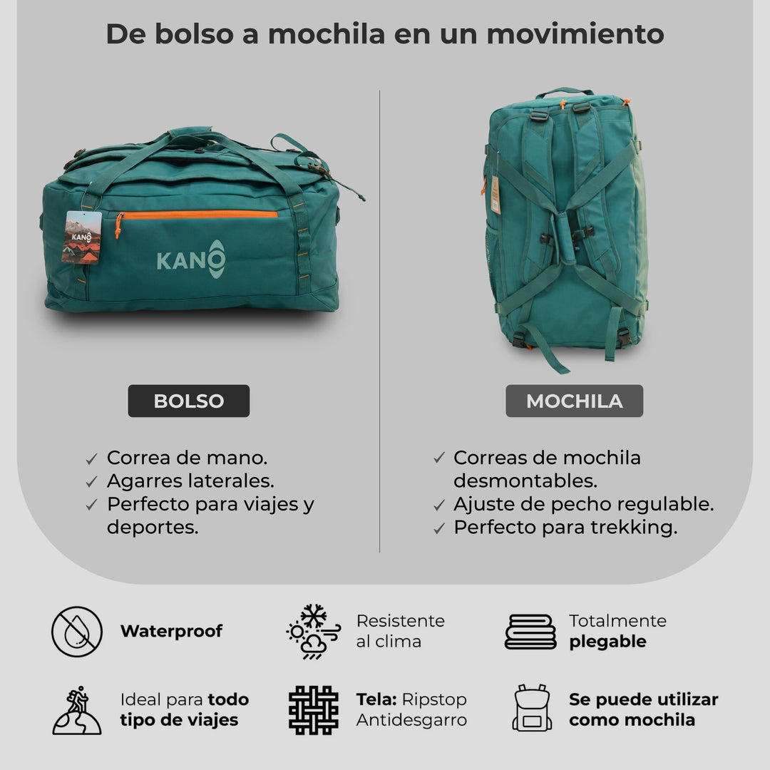 Bolso Convertible en Mochila 40L Darwin Verde/Naranja